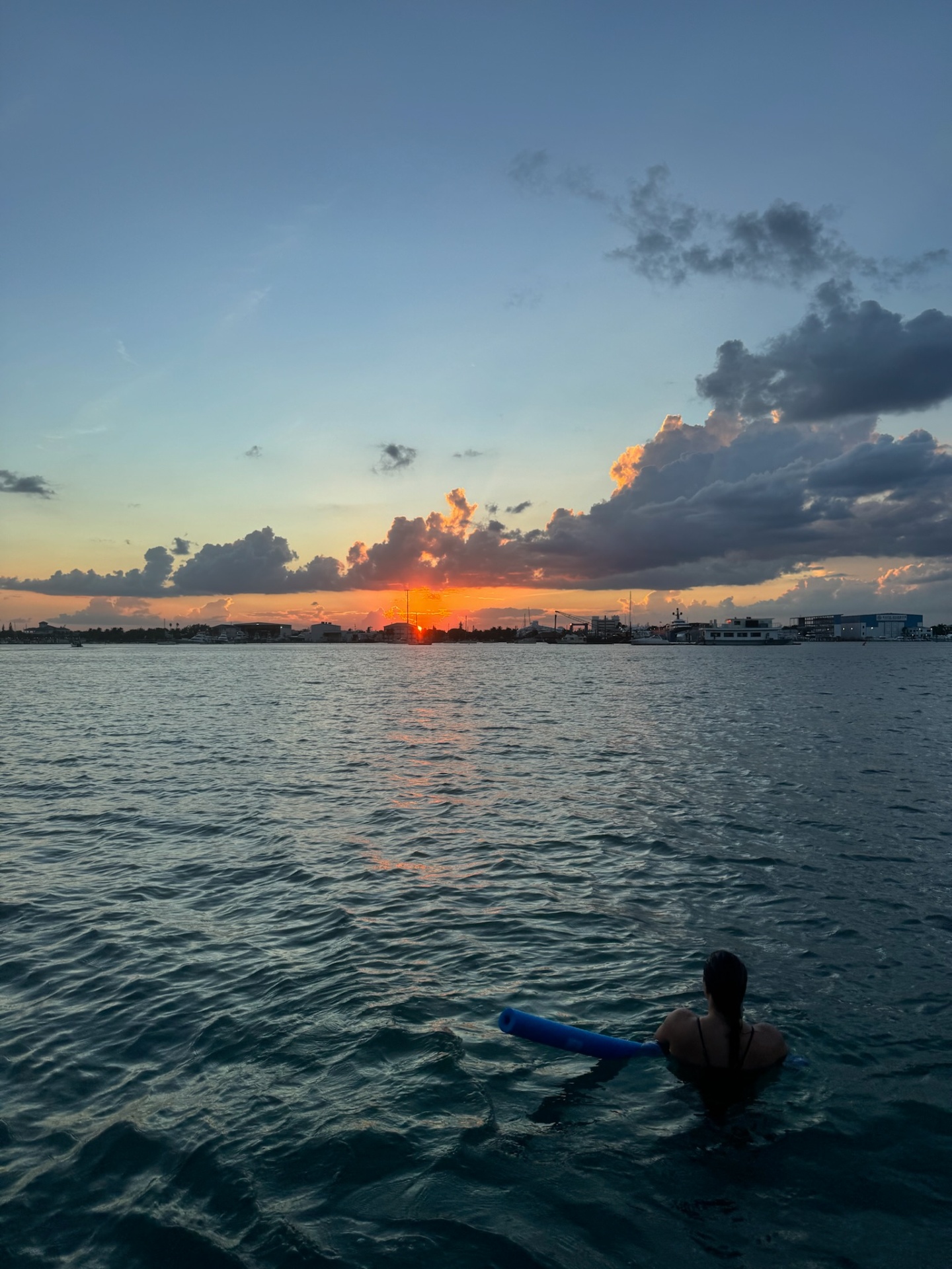 Swimmer watching sunset over the harbor