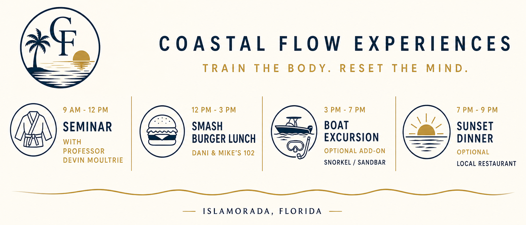 Islamorada event itinerary: 9 AM seminar with Professor Devin Moultrie, 12 PM smash burger lunch with Dani & Mike's, 3 PM optional boat excursion, 7 PM optional sunset dinner